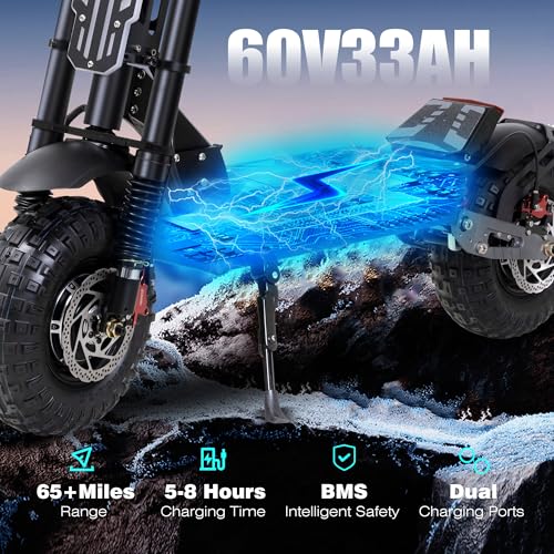 Electric Scooter Adult 7000W Brushless Motor Up to 55 MPH, 60V 33Ah Li-Ion Battery Range 65+ Miles, 13 "All Terrain Tires