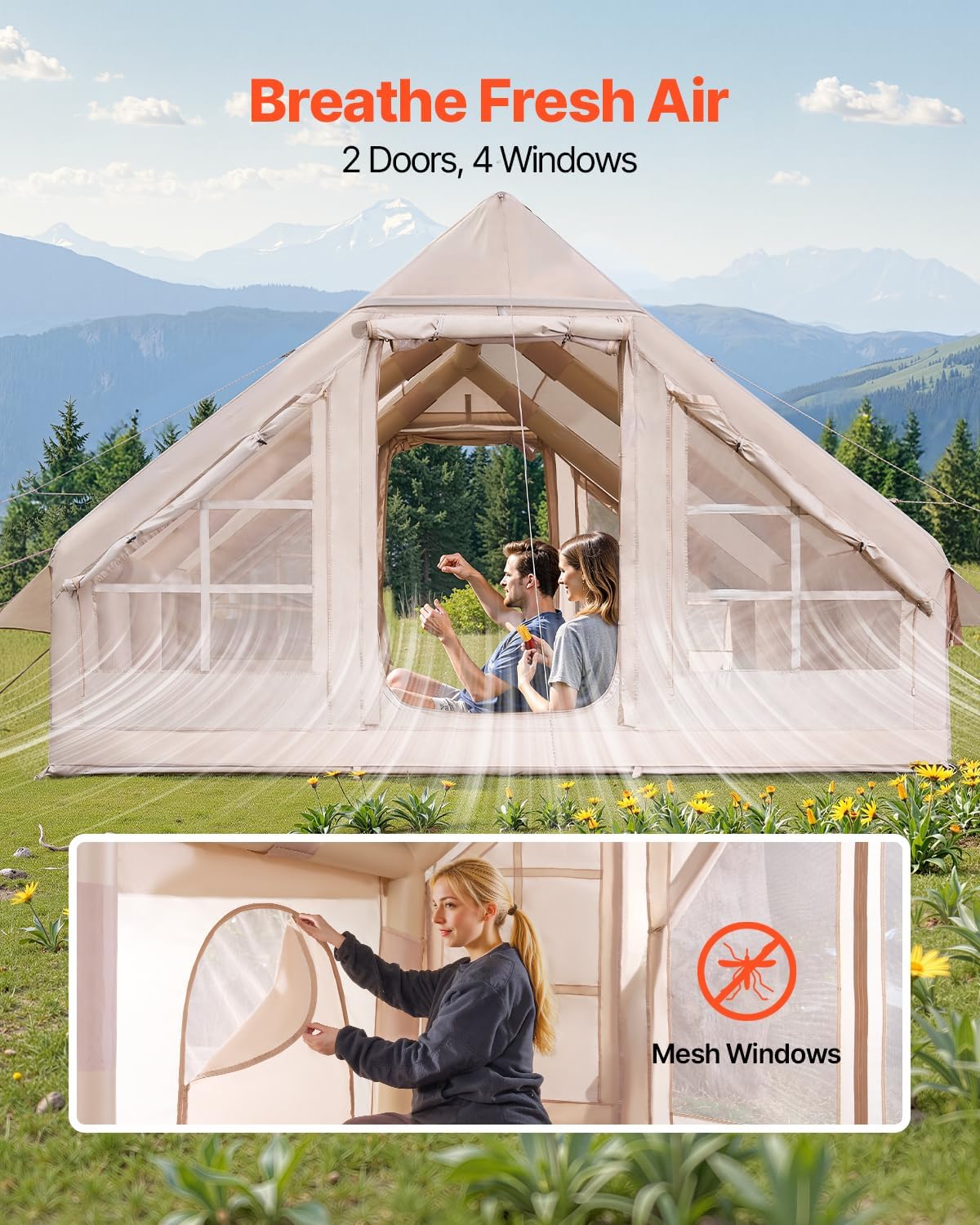 VEVOR Inflatable Tents for Camping 4x3x2m, 5-8 Person 300D Oxford Glamping Tent with Stove Connection