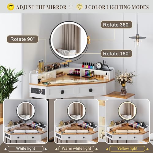 Corner Vanity Desk with Mirror and Lights, Modern Makeup Vanity with Charging Station & Human Sensor Light