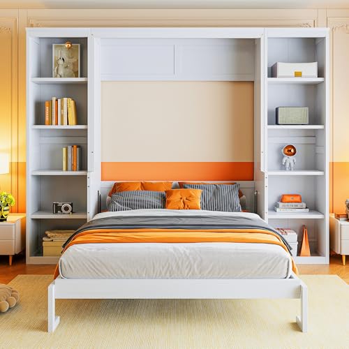 Queen Size Murphy Bed Wall Bed with Desk and Closet,Drawers and Shelves,for Small Spaces Studio Study Office Guest Room Use (Gray#Desk, Queen)