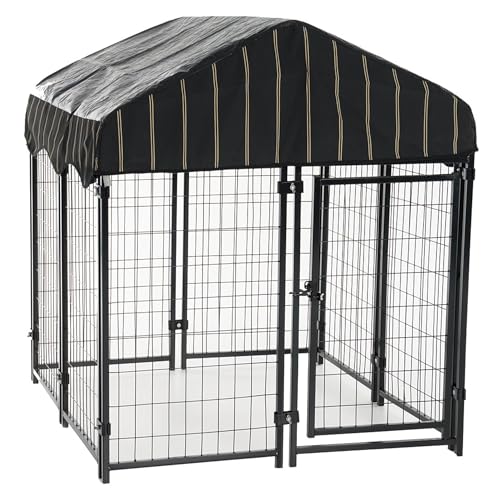 Stay Series 4 by 4 by 4.3 Feet Studio Jr. Black Powder Coat Steel Frame Outdoor Dog Kennel with Waterproof Canopy Roof and Gate Door, Khaki