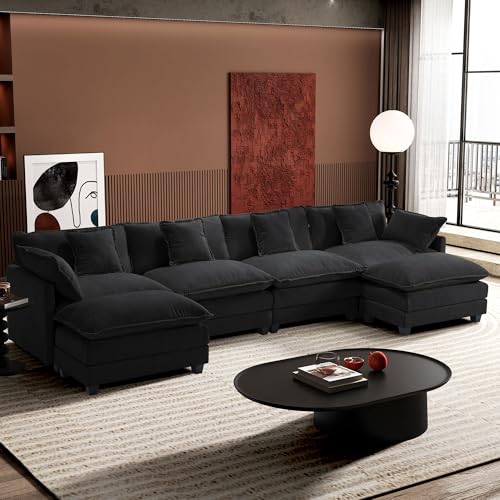 Ihanherry 111.4" U Shaped Modern Cloud Sofa Modular Sectional Couch with 2 Ottoman, 5-Seat Chenille Deep Seat Sofa with Pillow for Living Room