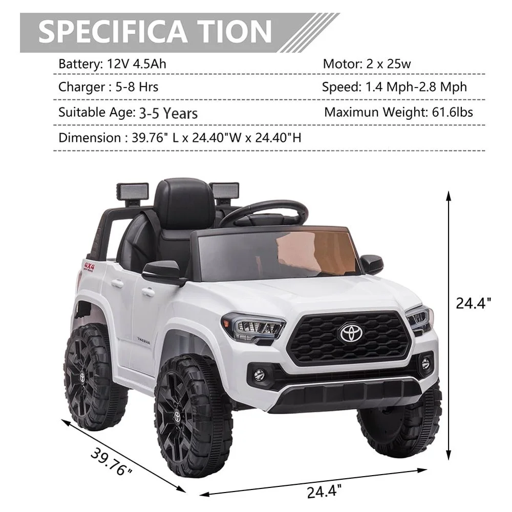 Licensed Toyota Tacoma Electric Ride on Vehicle for Kids, 12V Powered Ride on Car Toys with Remote Control, LED Lights, MP3 Player, Gray
