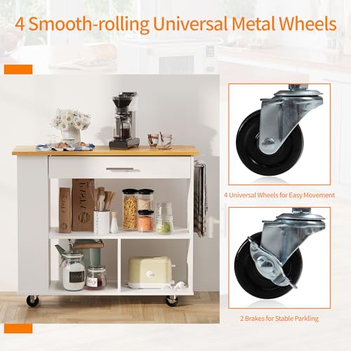Shintenchi Rolling Kitchen Island Cart with Folding Drop Leaf Breakfast Bar, Portable Trolley Island with Large Storage Cabinet, Shelf and Drawer