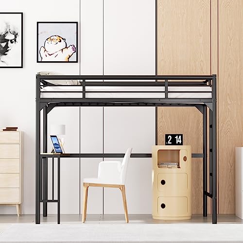 Petfu Loft Bed Twin Size with Desk, Metal Loft Bed Frame with Ladder and Safety Rails, Space-Saving, Noise Free, No Spring Box Needed, Black