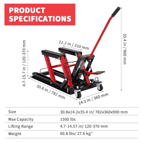 Hydraulic Motorcycle Lift Jack 1500Lb Capacity ATV Scissor Jack with 4.7-14.57in Height Adjustment, Non-Slip Platform & 360° Swivel Casters