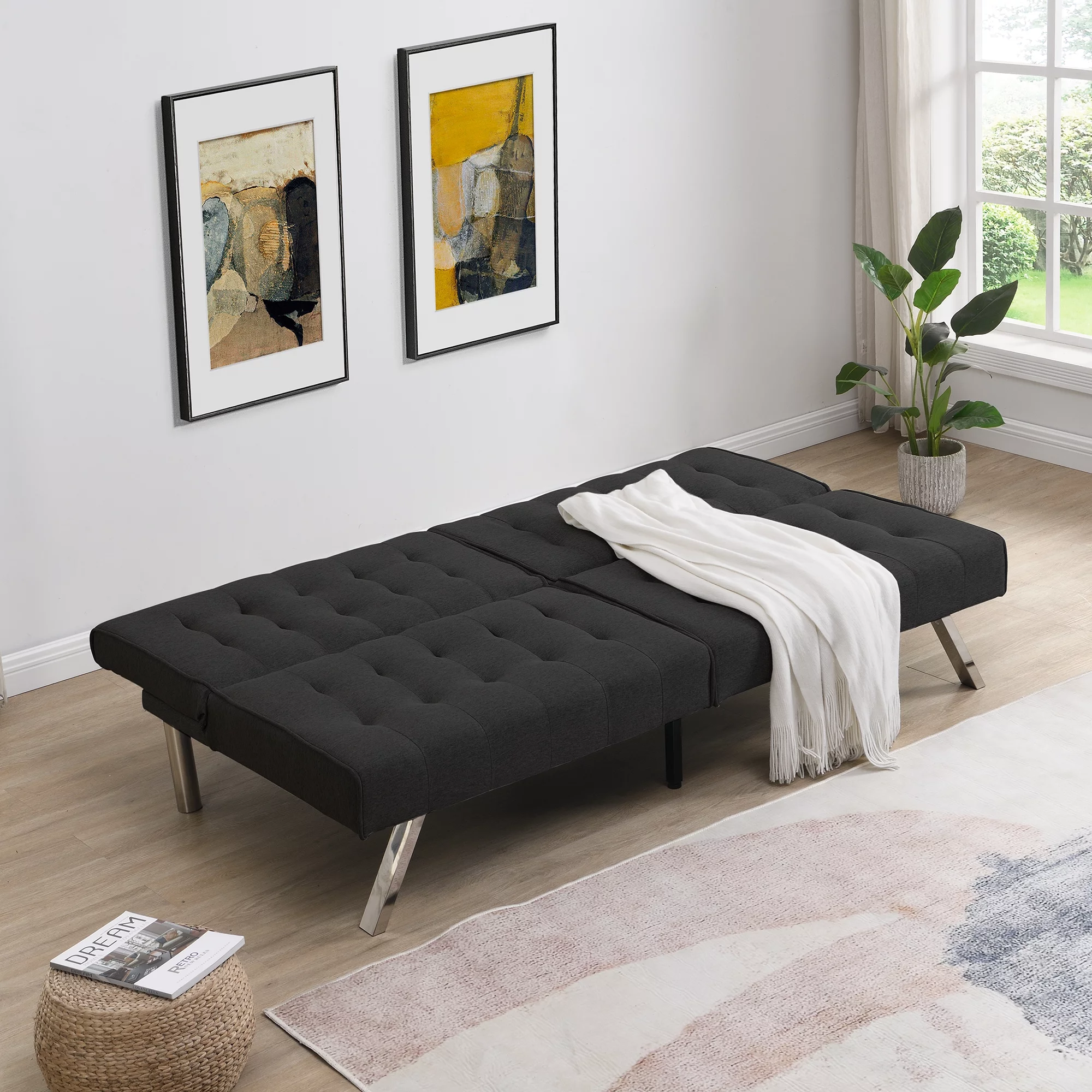 CoSoTower Wood Frame, Stainless Leg, Futon, Sofa Bed Black