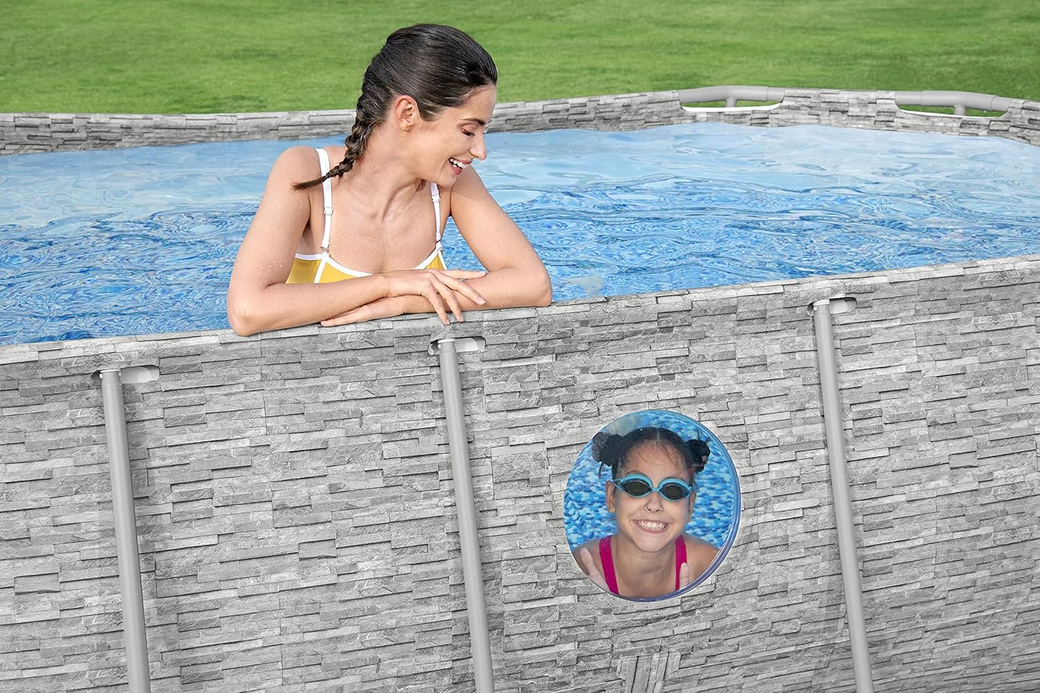 Bestway 56711E Power Steel 18' x 9' x 48 Outdoor Oval Frame Above Ground Swimming Pool Set with 1500 GPH Cartridge Filter Pump, Cover, & Ladder, Gray
