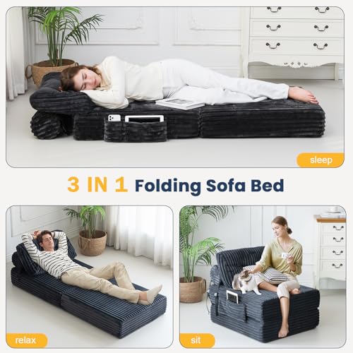 3 in 1 Folding Sofa Bed, Convertible Sleeper Chair with Pillow, Chair Bed with Back Support, Couches for Living Room