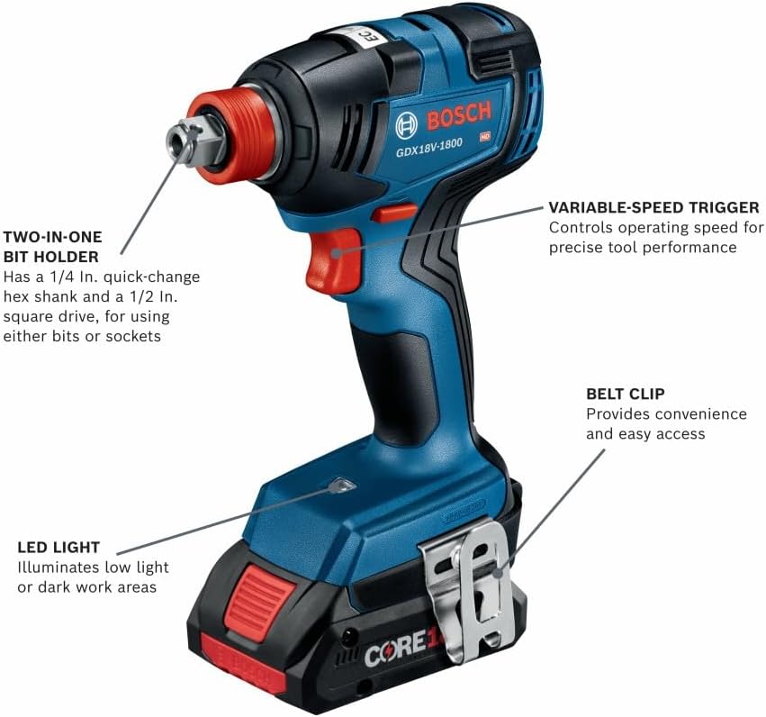 BOSCH GXL18V-501B25 18V 5-Tool Combo Kit with 2-In-1 Bit/Socket Impact Driver/Wrench, 1/2 In. Hammer Drill/Driver, Reciprocating Saw, Circular Saw