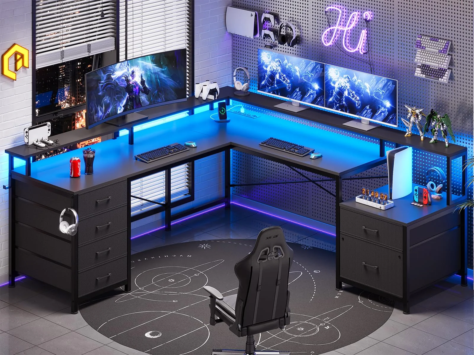 Afuhokles L Shaped Computer Desk with 6 Drawers, Corner Home Office Desk with File Drawers, Black