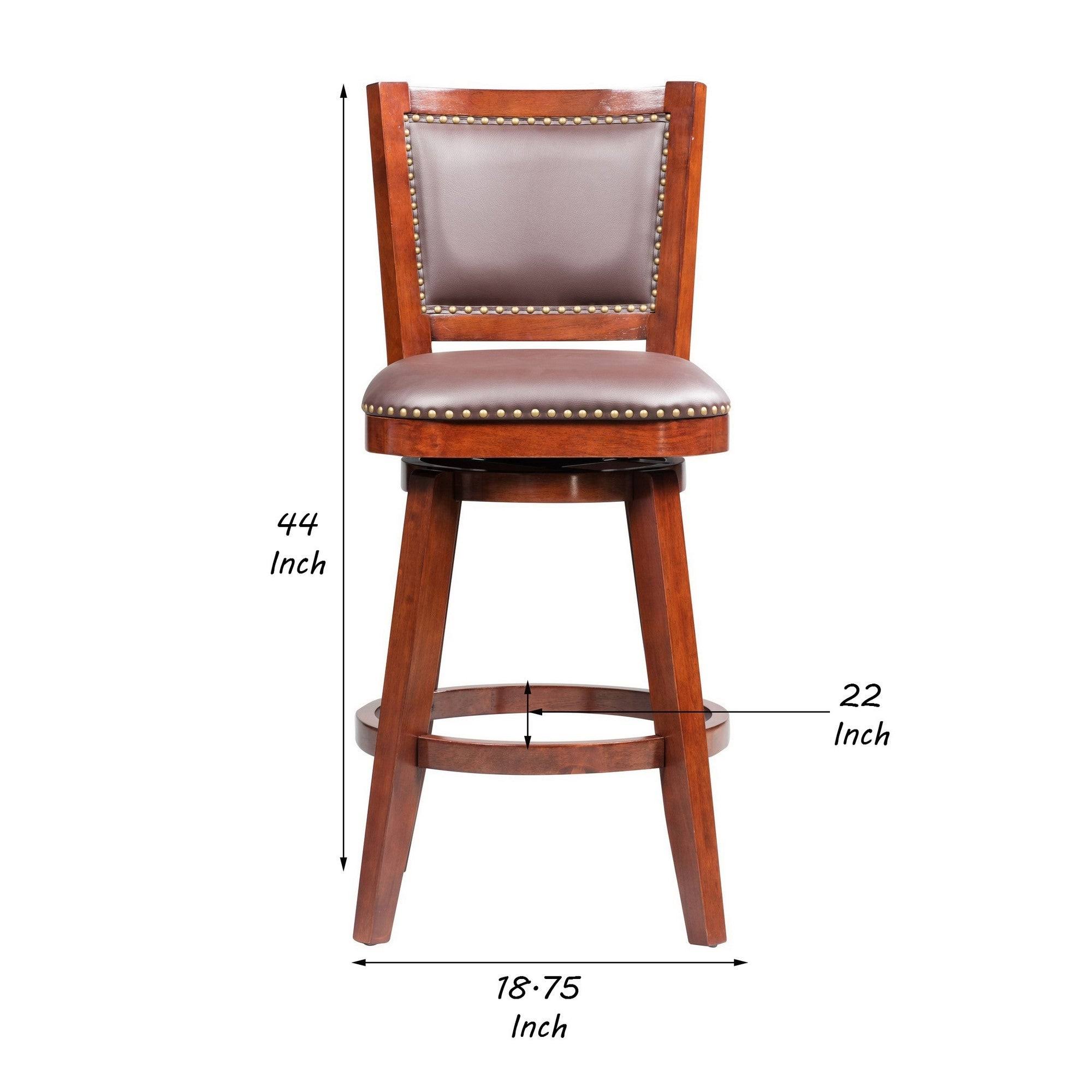 Swivel Bar Stool with Curved Padded Back and Nailhead TRIM, Cherry Brown, Saltoro Sherpi