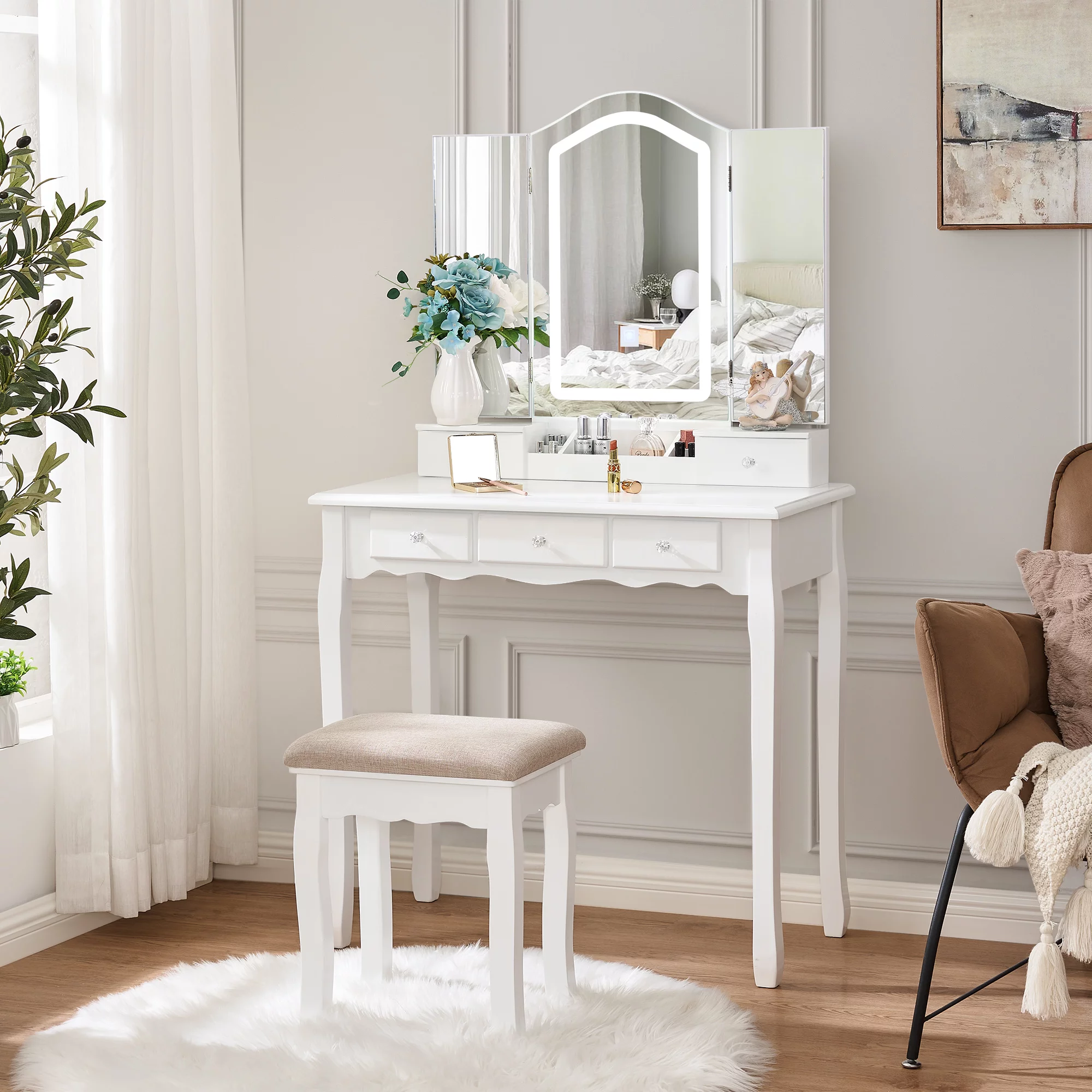BEWISHOME Vanity Desk with Mirror and Lights, Makeup Vanity with Lights, White Vanity Set with Tri-Folding Mirror with 3 Colors