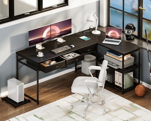 AODK 53 Inch L Shaped Computer Desk with Drawers, Corner Desk with Power Outlets & Reversible Storage Shelves