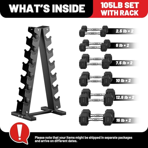 PAPABABE Hex Dumbbell Sets with Rack, 60-550lb Rubber Coated Dumbbell Weight Set and Storage Rack, Multiple Options Hand Weights for Strength Training