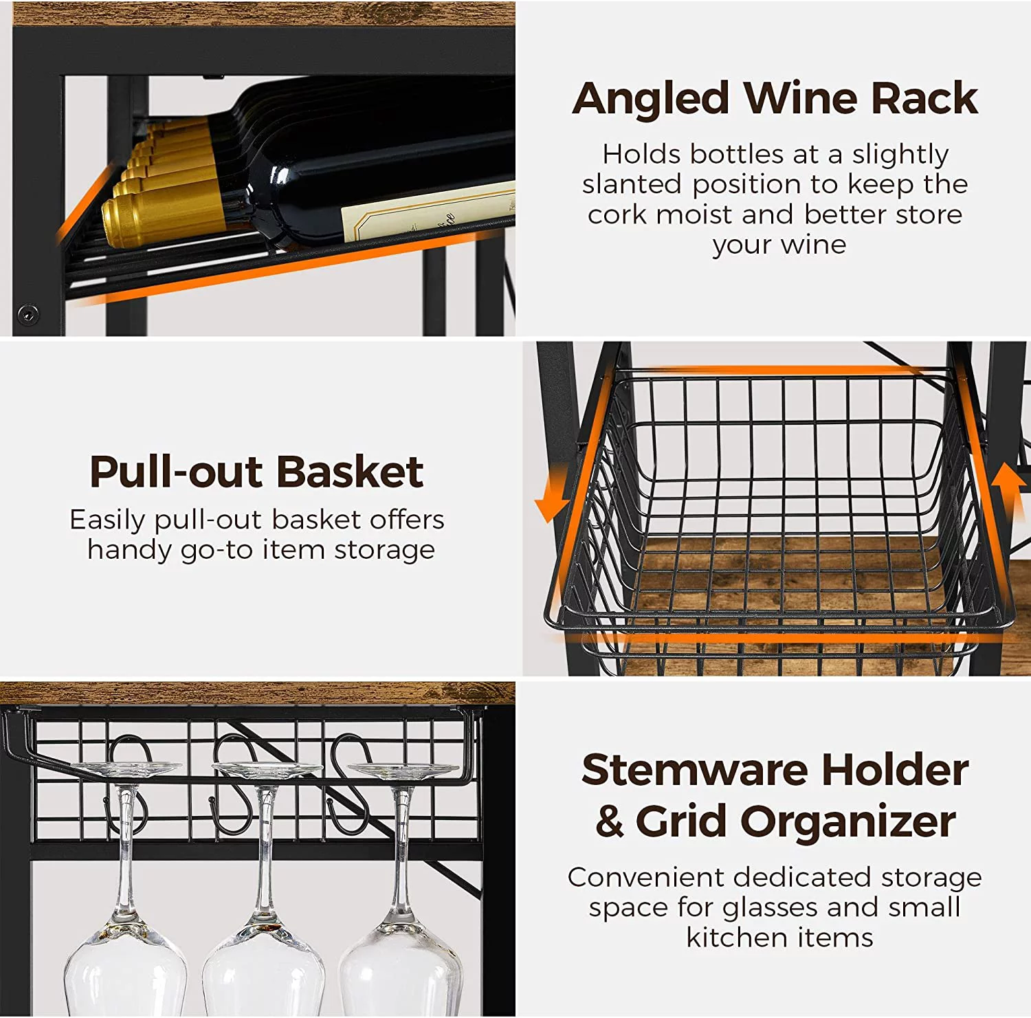 Kitchen Bakers Rack, Wooden Microwave Stand Kitchen Storage Shelf with Wine Rack and Wire Basket and 12 Hooks