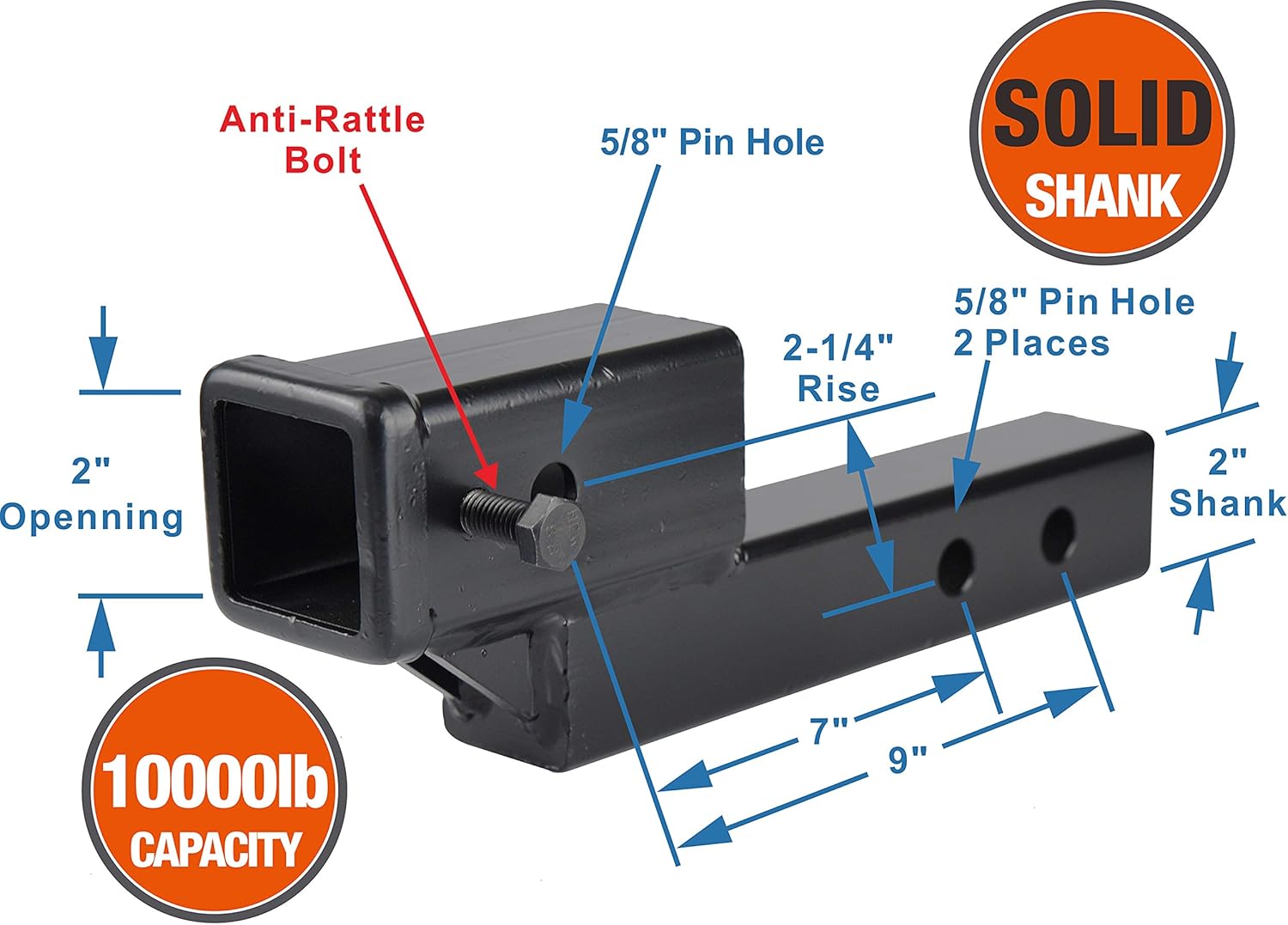 TOPTOW 64121 2-inch Receiver Trailer Hitch Extension Riser with 2-inch Rise/Drop, 2-inch Solid Shank, 10000lbs Capacity, Anti-Rattle Bolt Pack of 2