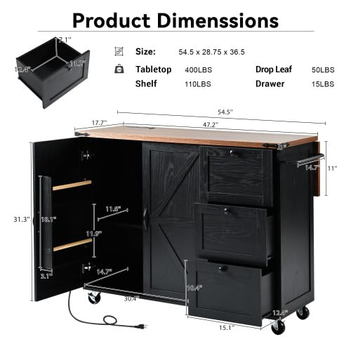 Bellemave Kitchen Island with Storage Cabinet on Wheels, 53.5'' Mobile Kitchen Cart with Power Outlet, Drop Leaf, Spice/Towel Rack and Drawer