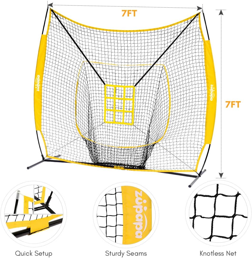 Zupapa 7 by 7 Feet Baseball Softball Hitting Pitching Net with Strike Zone, Baseball Backstop Practice Net for Batting Catching for All Skill Levels