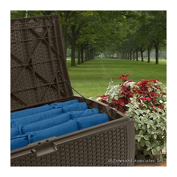 Suncast Outdoor Storage Box - 73 Gallon Mocha Brown Deck Box for Patio, Waterproof Outdoor Storage Bench, Resin Wicker Style, Heavy-Duty