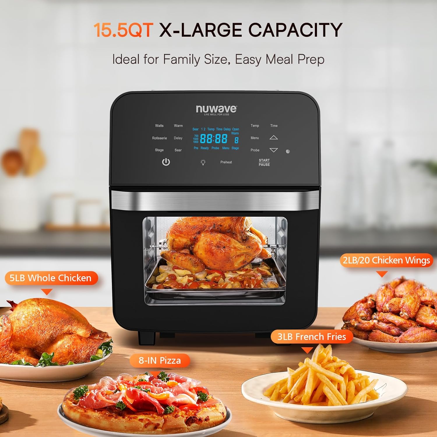Nuwave Brio 15.5Qt 10-IN-1 Air Fryer Rotisserie Oven, XL Family Size, Even & Crisp AirFry, Reheat, Roast, Dehydrate for Quick Meals