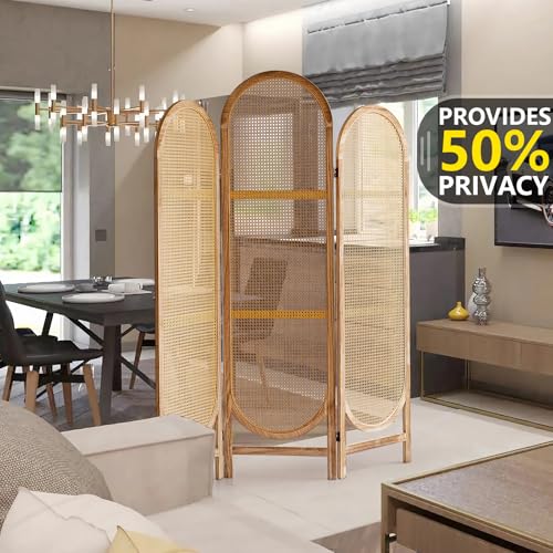 5.9 Ft Tall Hand-Woven Rattan Room Divider 3 Panels, Wood Room Divider Panel, Folding Screen Divider Wall, Wall Divider for Room Separation