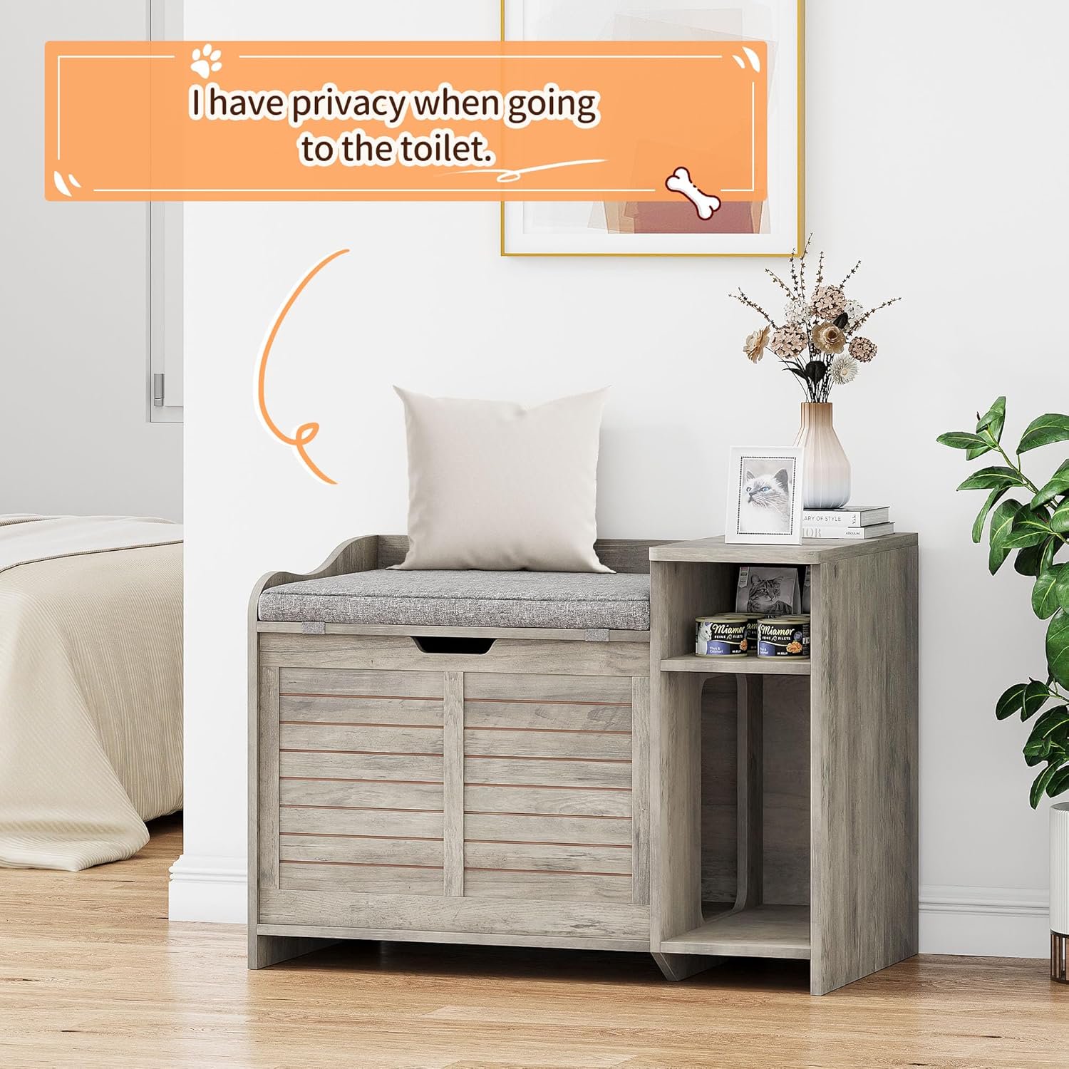 OUTGOODS Hidden Cat Litter Box Furniture, Fir Wood Enclosure Cabinet w/ Storage