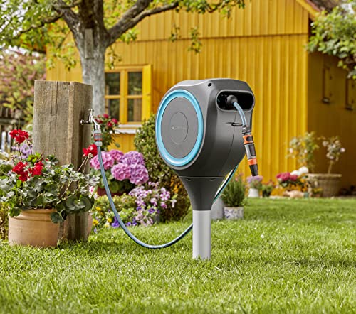 GARDENA (18604-80) 50' x 1/2" Automatic Retractable Garden Hose Reel for Outside Use on Metal Spike With Easy Swivel for Simple Watering of Gardens