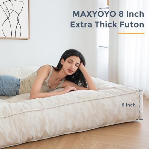 MAXYOYO 8" Futon Mattress Full Size, Extra Thick Futons Sofa Couch Bed, Velvet Floor Mattress for Adults, Shredded Foam Filling (Frame Not Included)