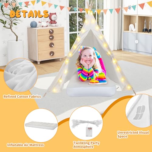 6 Pack Teepee Tent for Kids [Thickened] with Light String and Inflatable Airbed, Slumber Party Tents