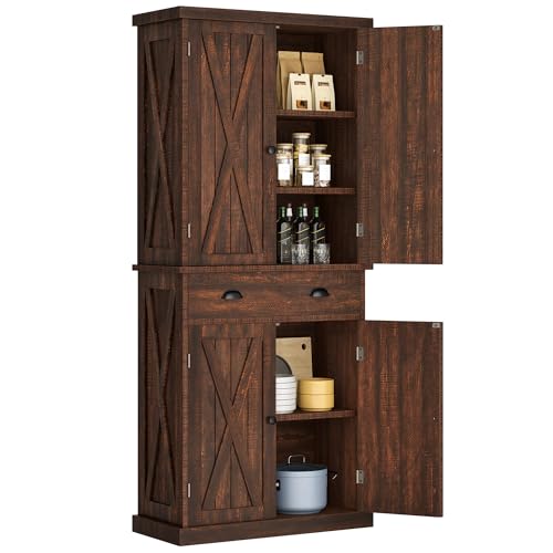 YITAHOME 72'' Tall Kitchen Pantry Cabinets, Farmhouse Storage Cabinets with Barn Doors, Drawer ＆ Adjustable Shelves