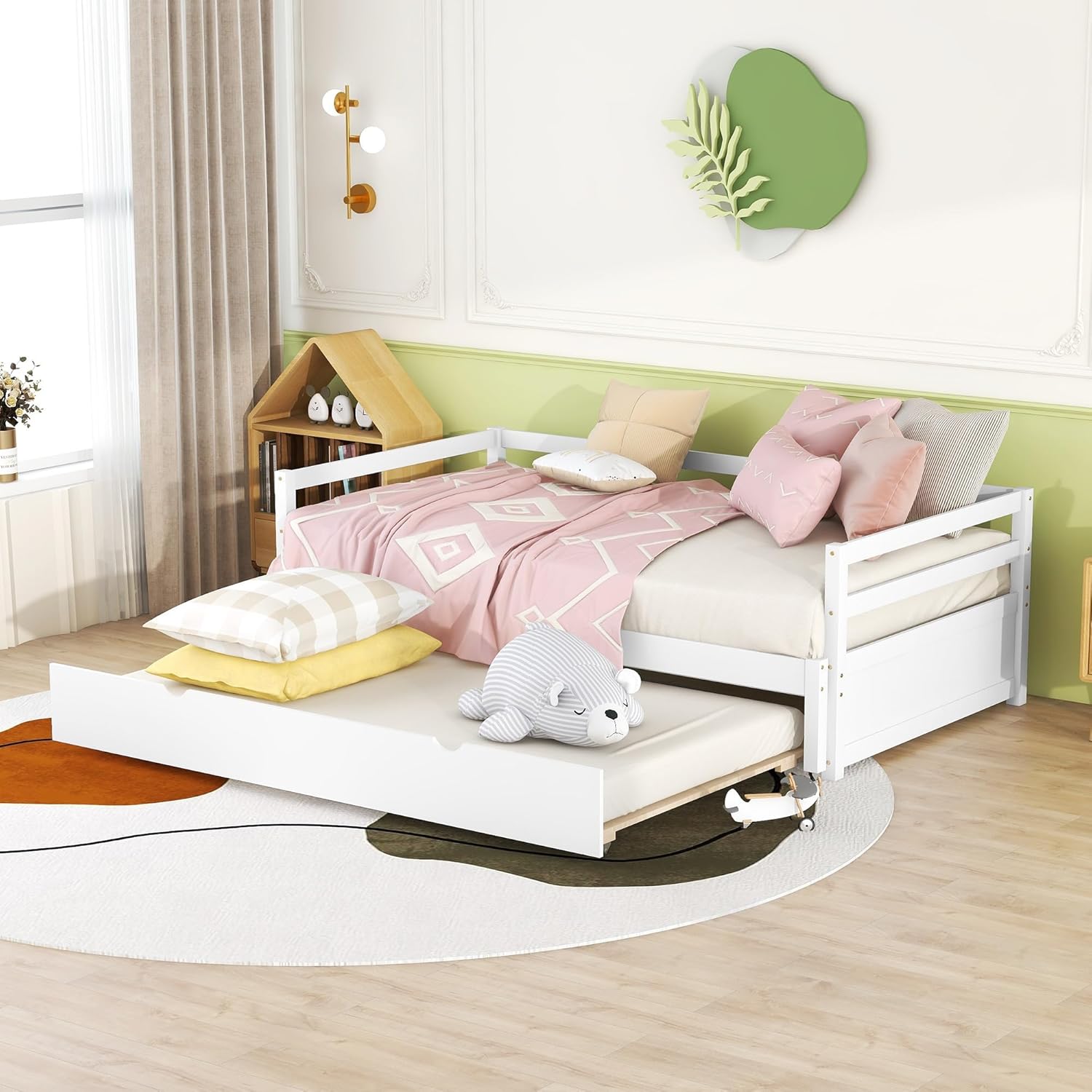 Extendable Daybed with Trundle, Wood Twin to Double Twin Daybed with Pull Out Trundle, Trundle Daybed for Kids Teens