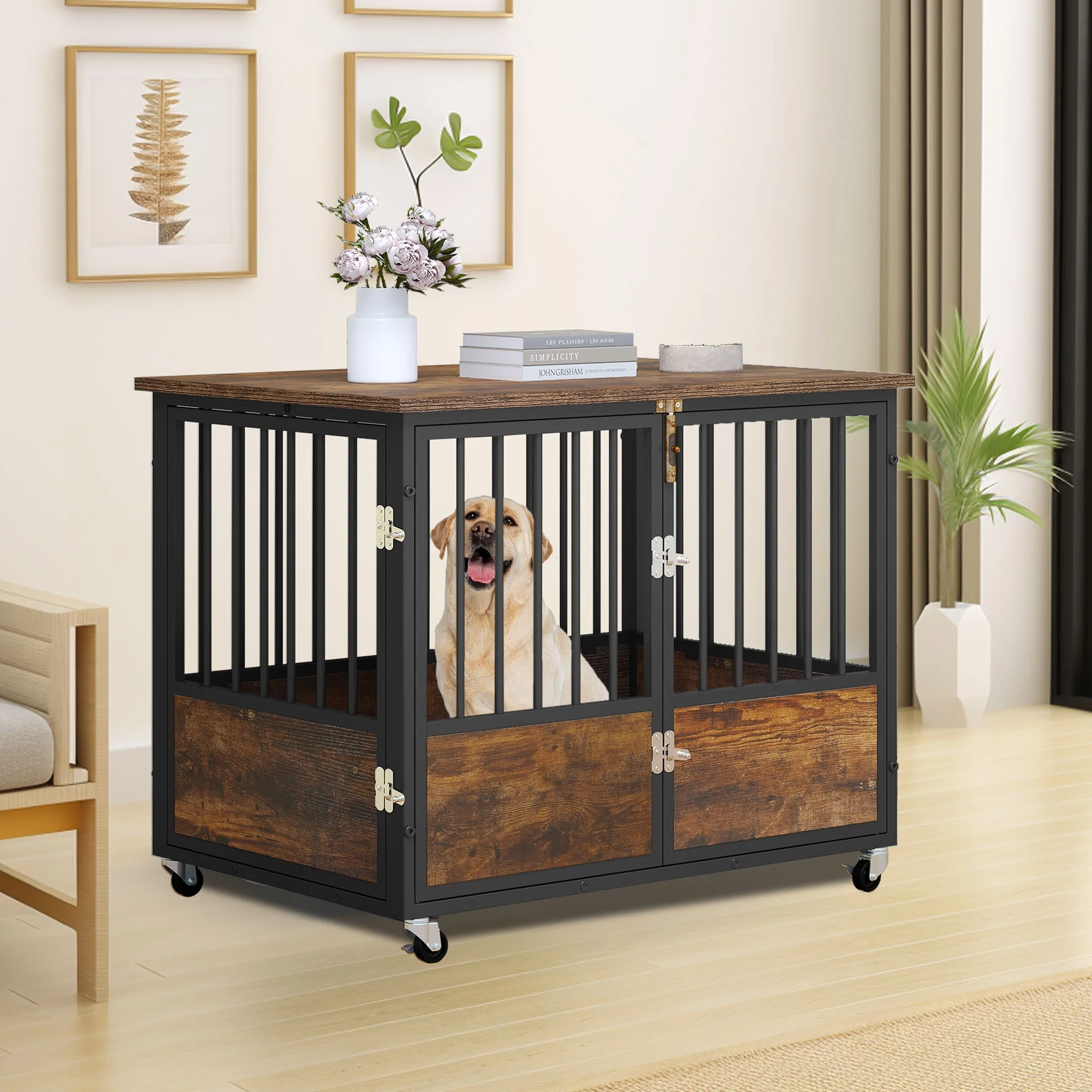 Dextrus Large Dog Crate Furniture with Wheels, 38in Rustic Heavy Duty Metal Dog Crate and Kennel for Small Medium Dogs
