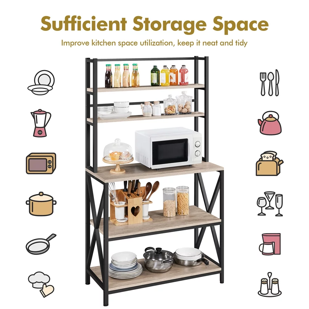 SmileMart 5-Tier Industrial Wood Baker’s Rack Storage Shelf for Kitchen, Gray