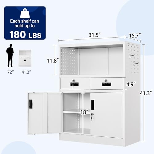 Yizosh Locking Cabinet with 2 Drawers, Metal Storage Cabinet with Locking Doors and Shelves - 41.3" Steel Lockable Storage Cabinet