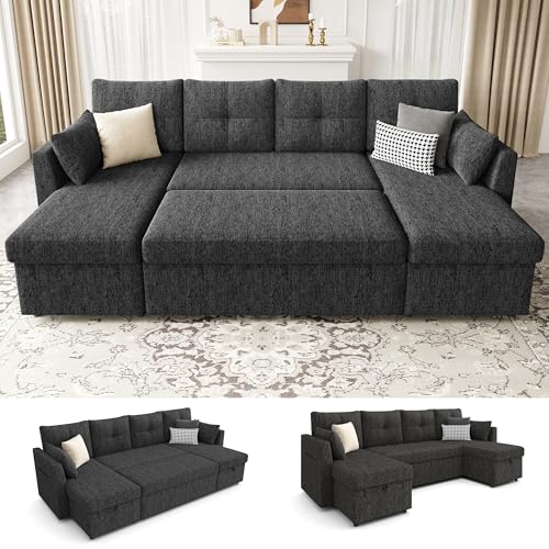 Oversized Sleeper Sofa Couch, 110 inch 2 in 1 Pullout Couch Bed with Double Storage Chaise