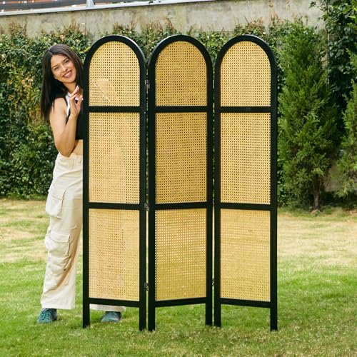 Room Divider and Folding Privacy Screens, Pine Wood 5.6 Ft Double Hinged Rattan Partition Freestanding Wall Room Divider for Home - 3 Panels