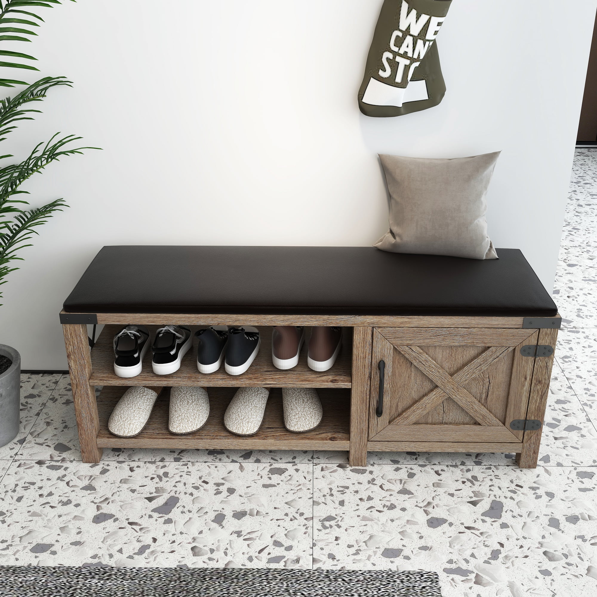 Shoe Bench Entryway with Storage, Shoe Rack Bench with Cushion Seat, Farmhouse 2-Tier Shoe Storage Bench for Entryway Bedroom, Hallway