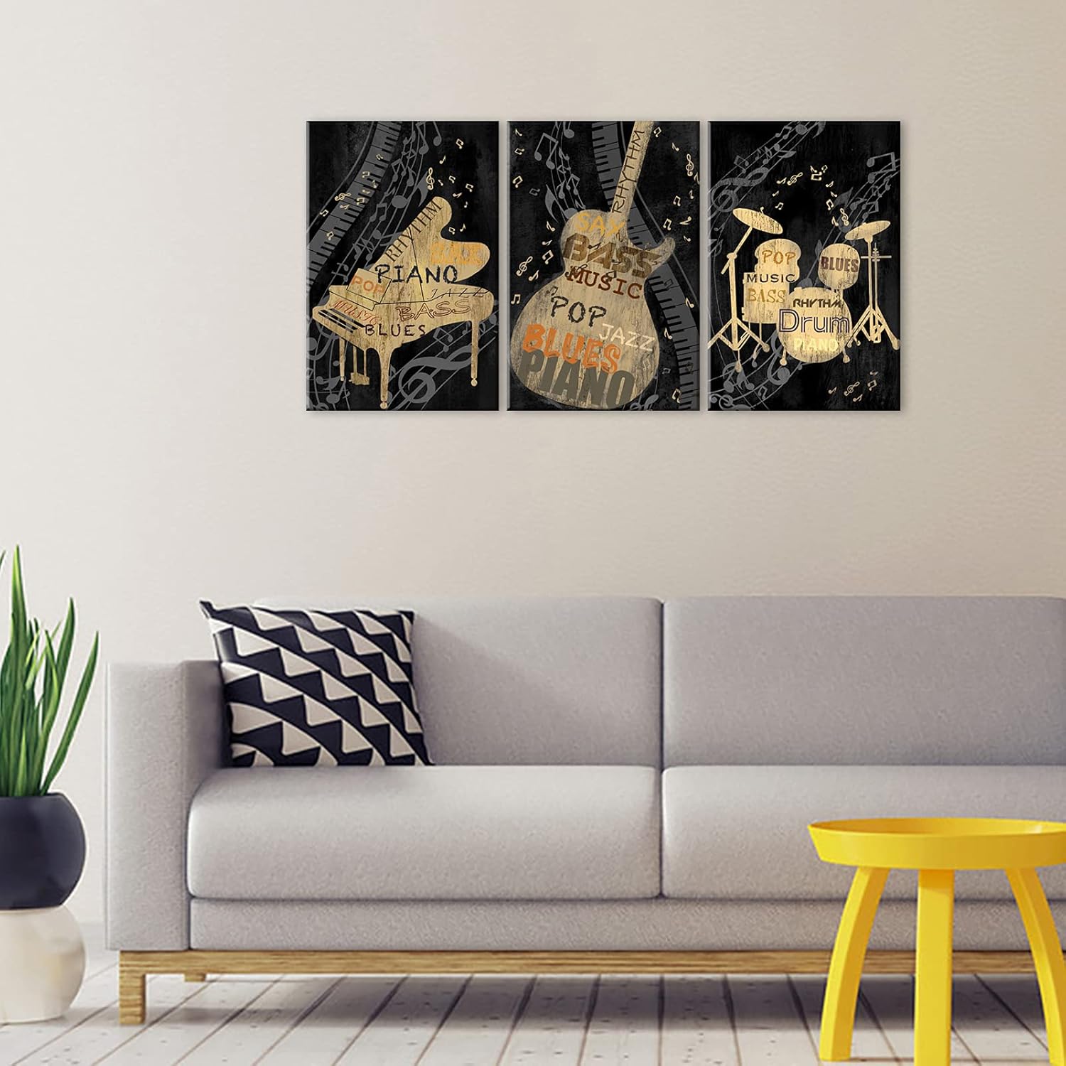 SiMiWOW Music Instrument Wall Art Black and Gold Guitar Piano Drum Set Pictures Classic Musical Theme Painting Canvas Prints Living Room Decoration