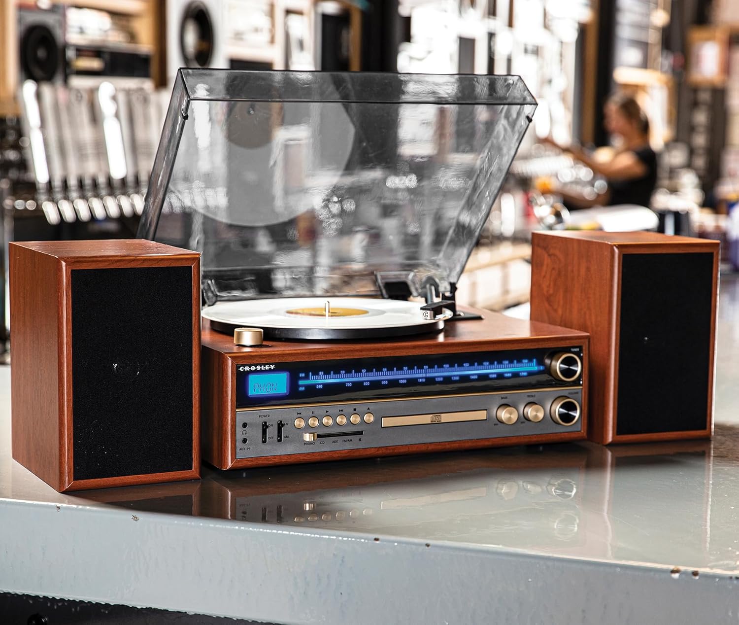 Crosley 1975T Turntable System with Bluetooth, CD, AM/FM and Included Speakers, Walnut