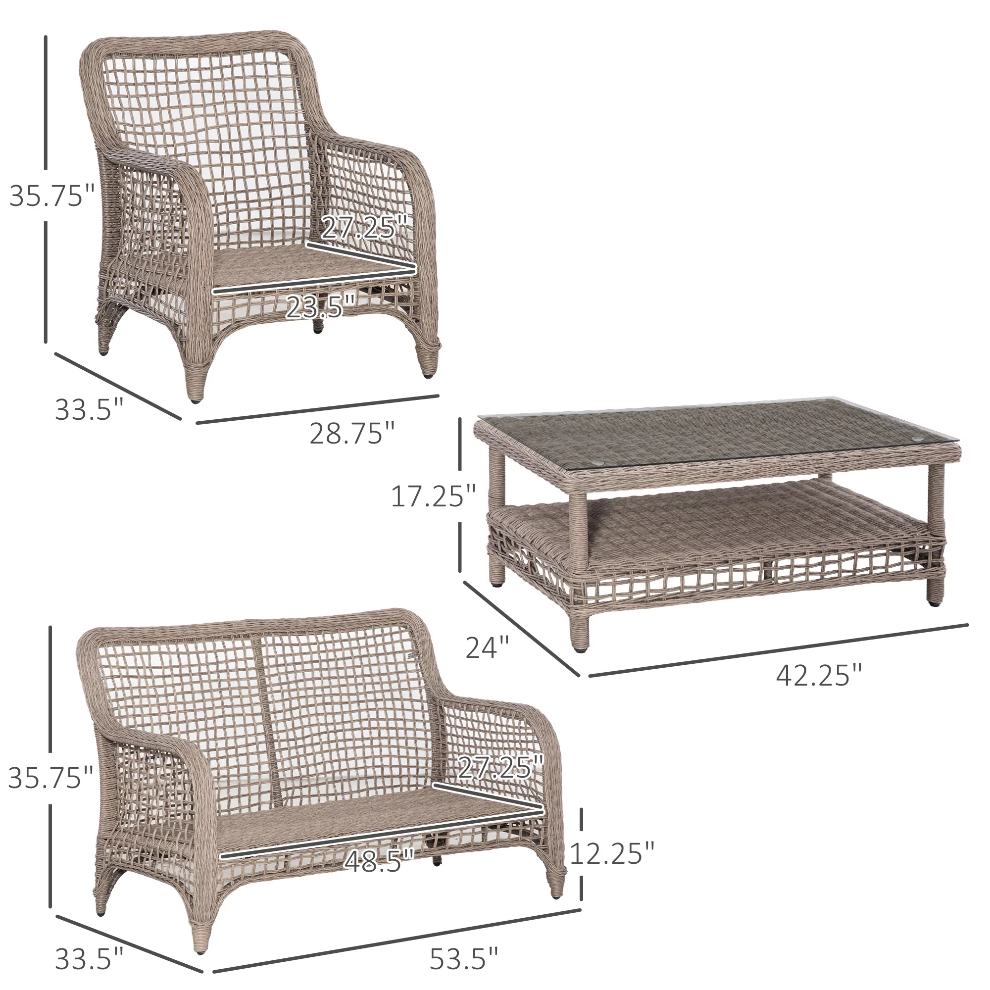 Outsunny 4pc Outdoor Patio Furniture Set, 2 Rattan Chairs, 1 PE Wicker Loveseat Sofa, 1 Center Coffee Table w/ Tempered Glass Table-Top