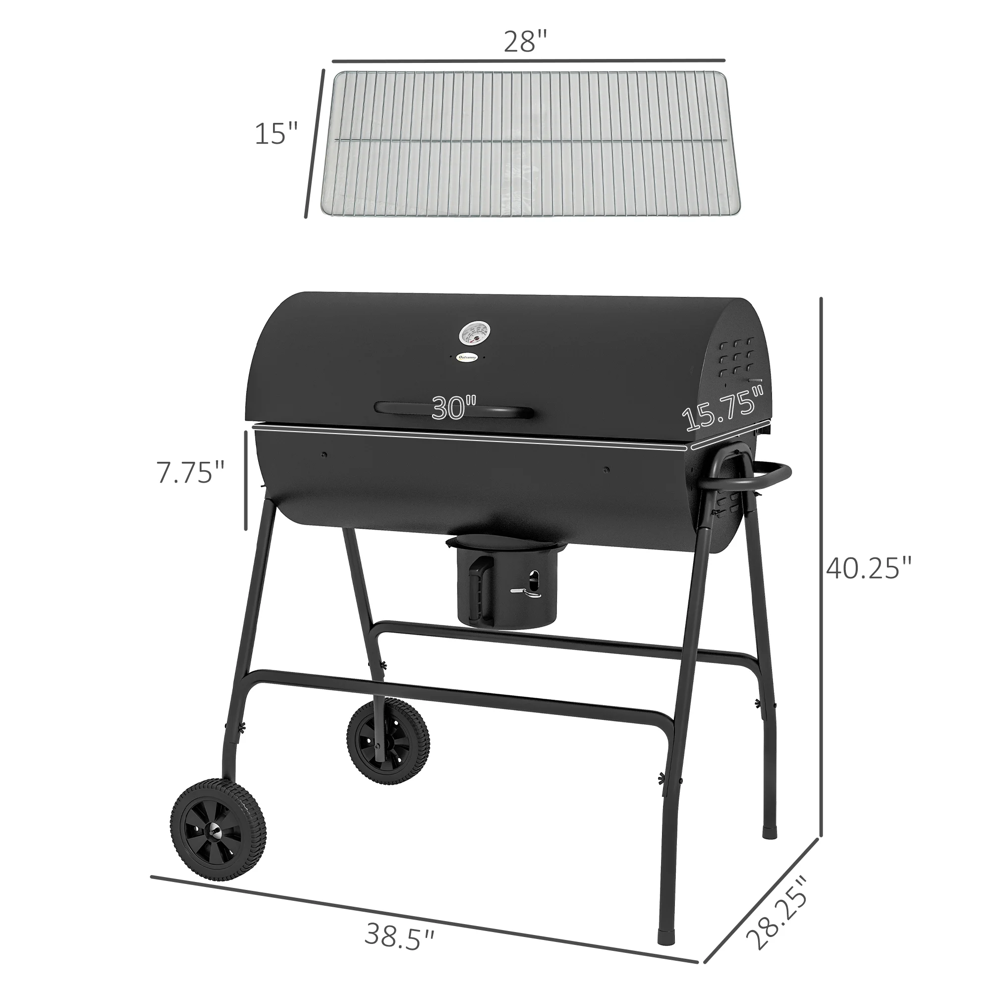 Outsunny Barrel Charcoal BBQ Grill, Wheeled Barbecue, Black