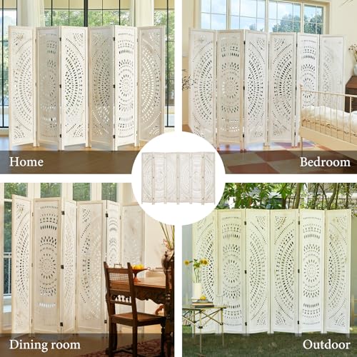 66.9Inch Folding Room Divider, 6 Panels Wood Carved Privacy Screens