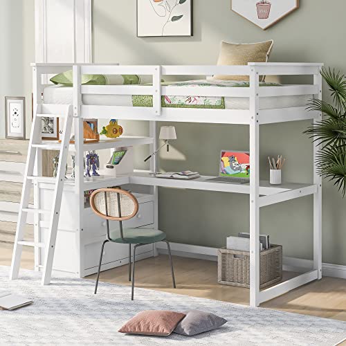 Full Size Loft Bed with Desk & Wardrobe, Solid Wood Kids Loft Bedframe w/3 Storage Drawers & 2 Shelves, Maximum Space Design, for Bedroom, Dorm, Gray