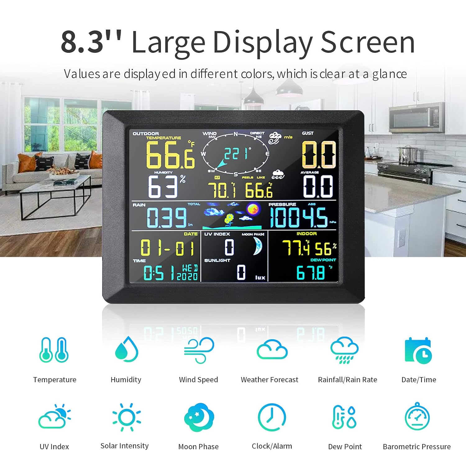 Uzoli Professional Weather Stations Wireless Indoor Outdoor Thermometer Hygrometer with WiFi Large 10 LCD Display Weather Station, Rain Gauge