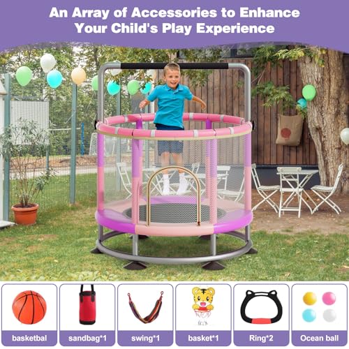 60" Trampoline for Kids, Anti-Rollover Round Bottom Baby Toddler Trampoline with Basketball Hoop, Indoor/Outdoor Kid Trampoline with Enclosure Net