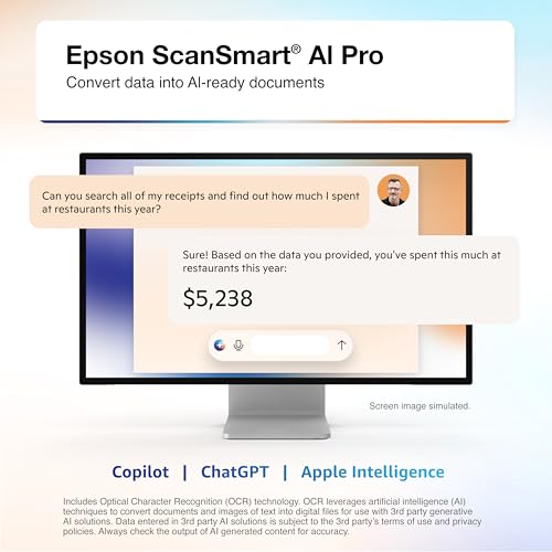Epson RapidReceipt RR-400W Wireless Compact Desktop Color 2-Sided Receipt & Document Scanner with ScanSmart AI PRO Receipt Management & PDF Software