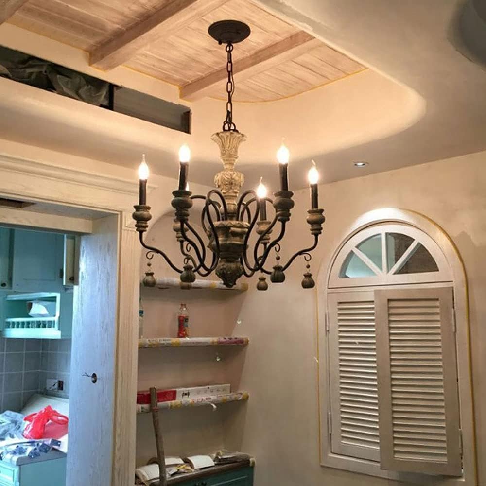 French Rustic Farmhouse Candle Chandelier, 6-Lights Chic Dining Room Lighting Hanging, Kitchen Island Light, Industrial Iron Chandeliers for Foyer