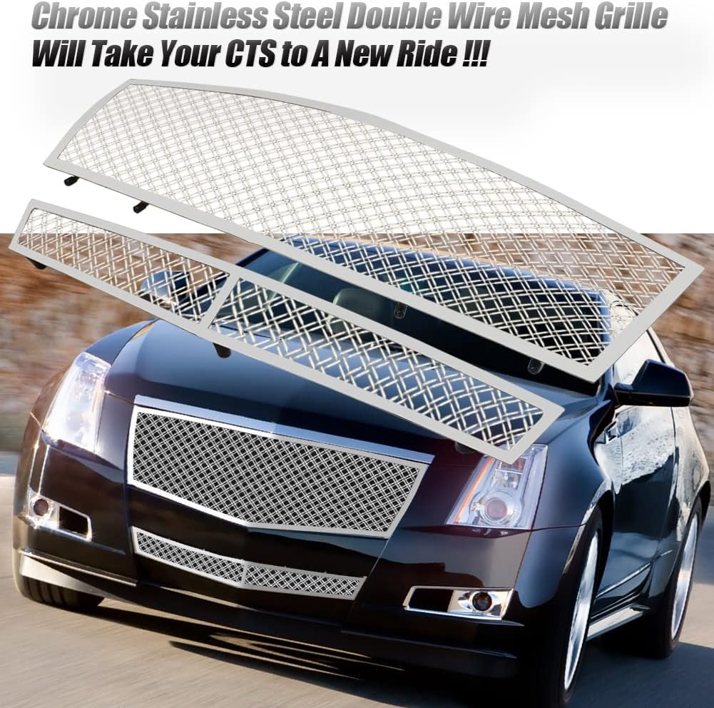 Compatible with 2008-2013 Cadillac CTS Stainless Steel Mesh Grille Grill Insert Combo (Not For CTS-V or model with Adaptive Cruise Control) (chrome