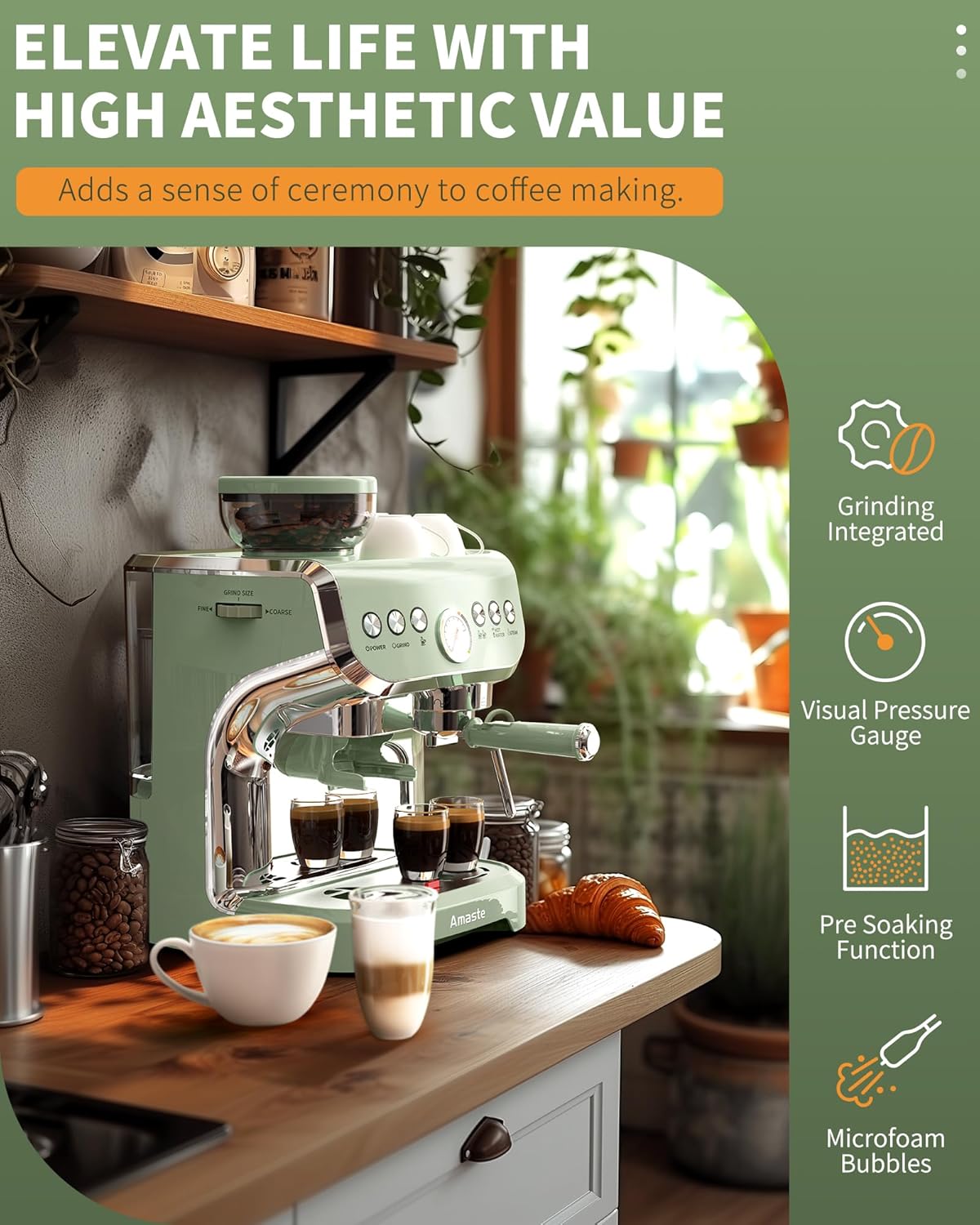 Amaste Espresso Machine with Grinder, 15 Bar Espresso Machine with Steam Wand for Latte and Cappuccino, 68Oz Water Tank, Pre-Infuse Brewing